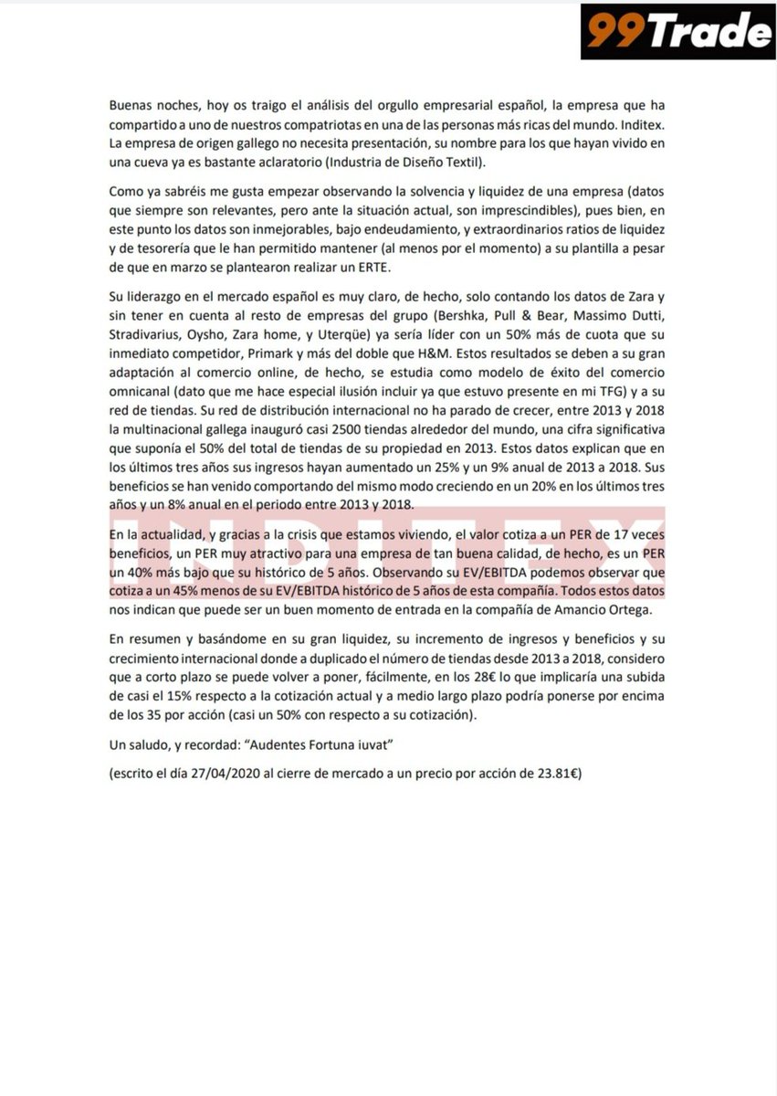 TrajanoI's tweet photo. Buenas tardes, os dejo un análisis realizado para el canal de telegram de 99trade de Inditex. 
 #trading #inversión #valueinvesting  #Inditex
 
https://t.co/uGLka6bc29 https://t.co/9mBAU81NpT