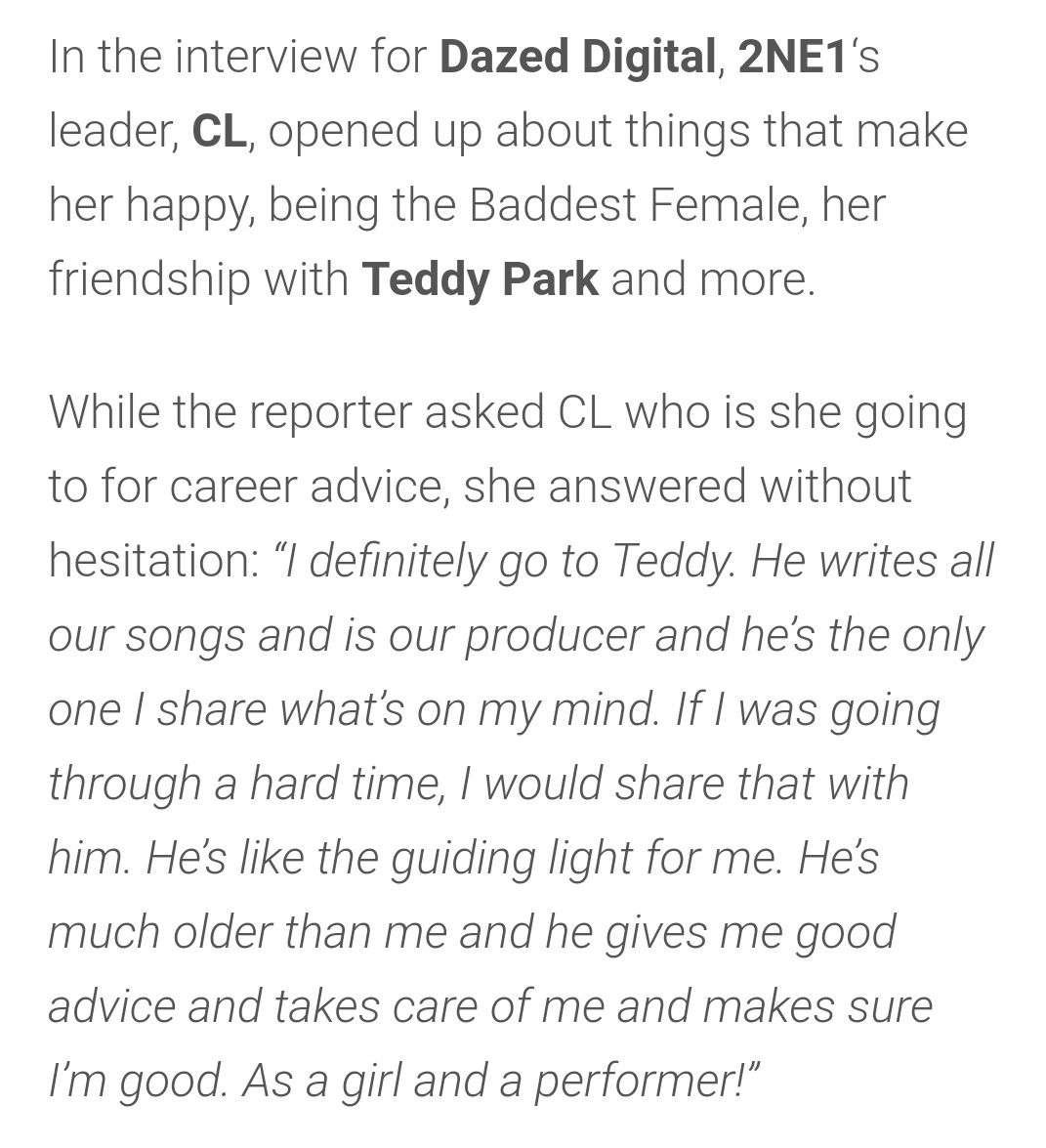 the reporter asked CL who is she going to for career advice she answered withouth hesitation "i definitely go to teddy" #2NE1  @chaelinCL  @krungy21  @haroobomkum  @mingkki21 |  #TEDDY  #1TYM  #THEBLACKLABEL