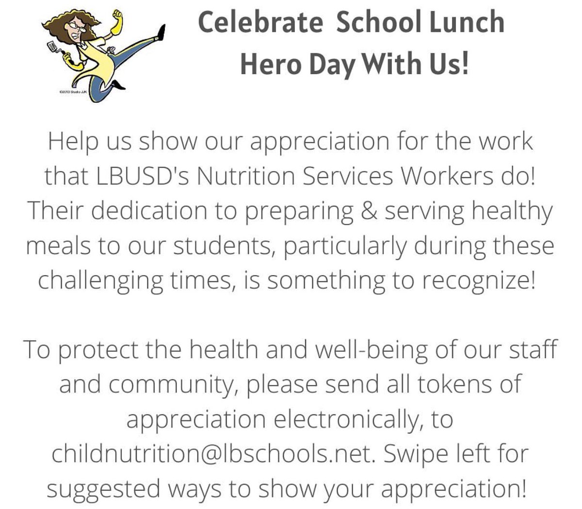LBLongfellowPTA's tweet photo. Between preparing healthy meals for America’s students, adhering to strict nutrition standards, navigating student food allergies, and offering service with a smile, school nutrition professionals are true heroes.

On May 1 we will celebrate the Annual School Lunch Hero Day! https://t.co/qFFMm8niVR