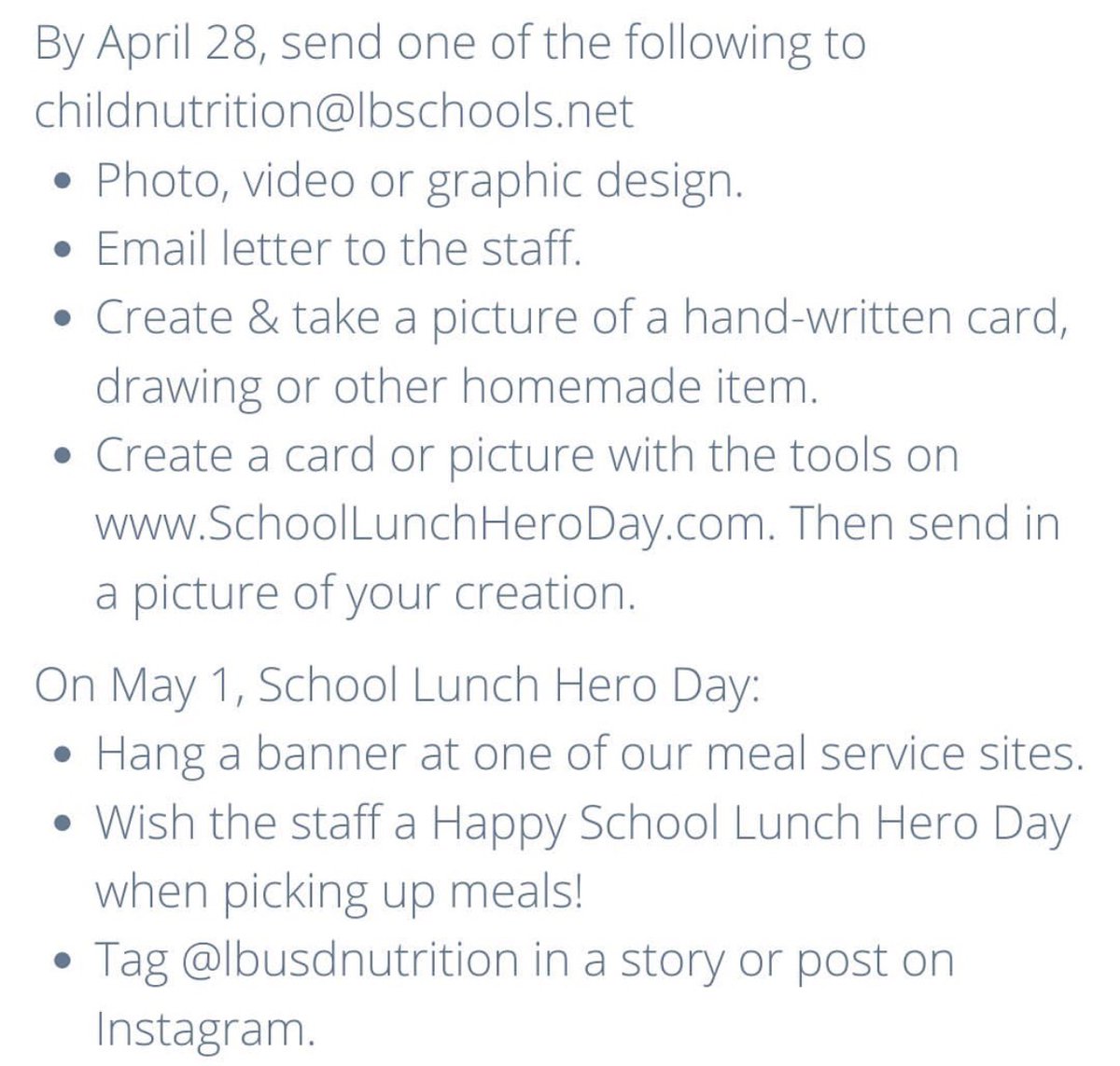 LBLongfellowPTA's tweet photo. Between preparing healthy meals for America’s students, adhering to strict nutrition standards, navigating student food allergies, and offering service with a smile, school nutrition professionals are true heroes.

On May 1 we will celebrate the Annual School Lunch Hero Day! https://t.co/qFFMm8niVR