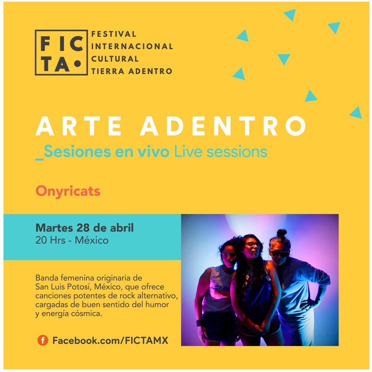 FICTA_MX's tweet photo. Mañana, 8 PM, tendremos un concierto semi-acústico desde casa de las chicas de @onyricats. Rock alternativo y mucha energía cósmica desde San Luis Potosí.
¡Asiste desde nuestro FB live! https://t.co/hCU3XcU3Y2