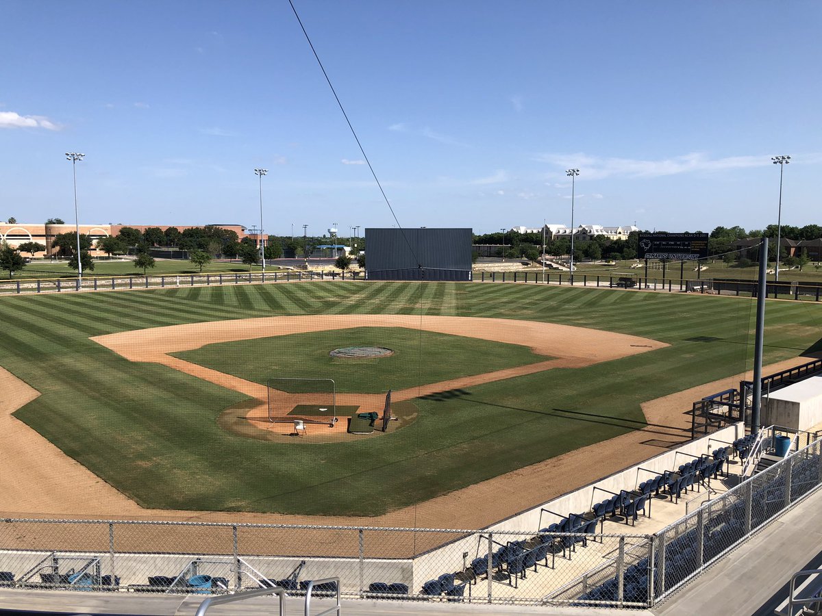 rattler29's tweet photo. Cut the field today....The winter rye is hanging on! Canโt wait to see some action on this field again. #stmubaseball, #fangsout, https://t.co/0TWSlc7z76