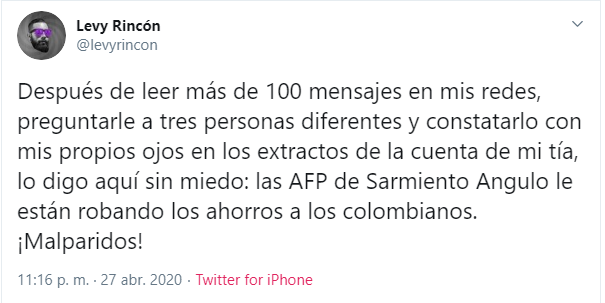 EpicuroDeSamos_'s tweet photo. Muy grave la denuncia de @levyrincon y otras personas donde aseguran que les fueron destajadas millonarias sumas de dinero de los fondos de pensión privados en este mes.

#LasAFPNosEstanRobando https://t.co/eTbc4AIG8K