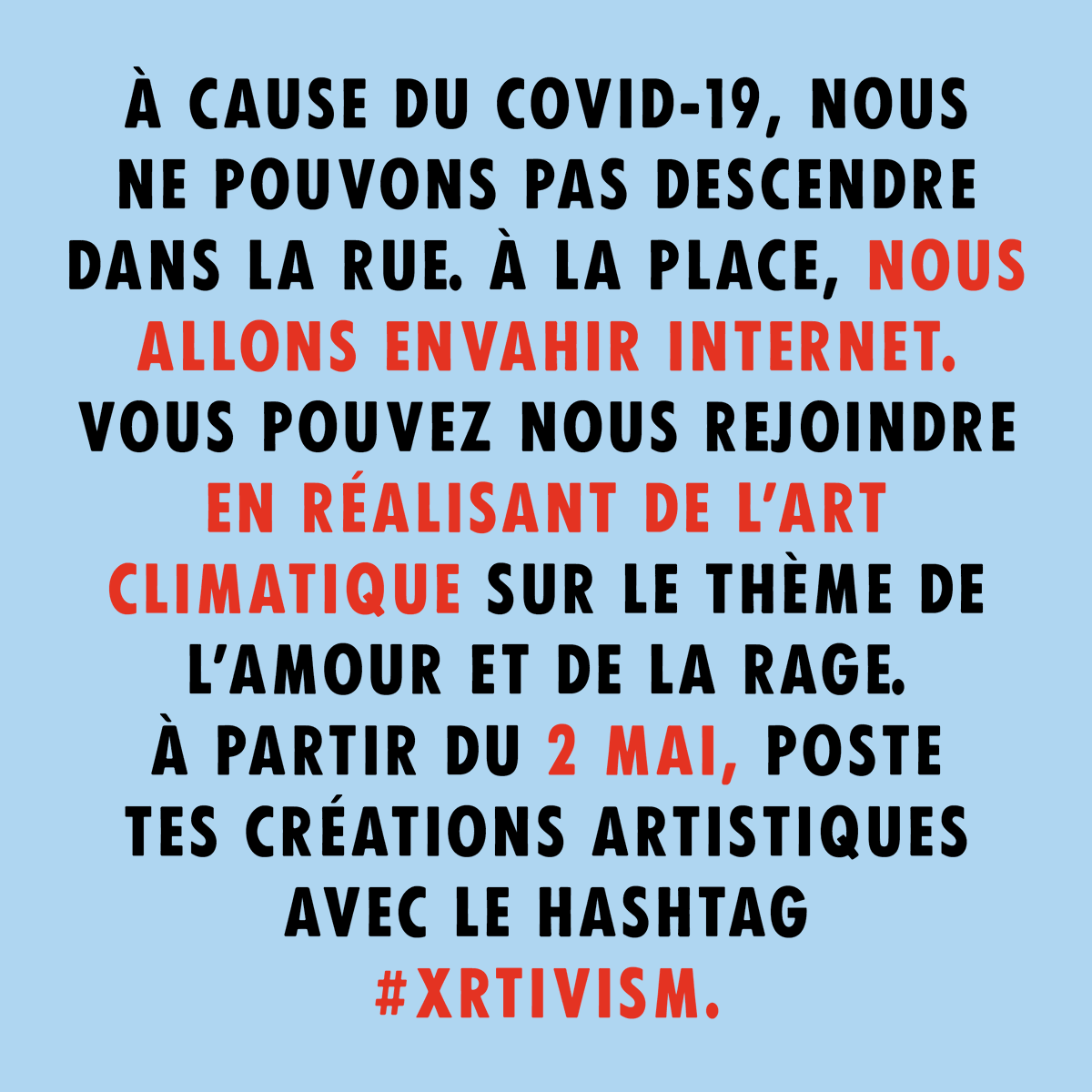 🗓️À partir du 2 mai, @xryouthus et tous les XR Youth vont déclarer la rébellion artistique.
Tout au long du mois de mai, rejoignez cet évènement artistique et utilisez votre créativité🎨 pour exprimer vos émotions face à la crise climatique et écologique !
#XRtivism 
#XRYouth