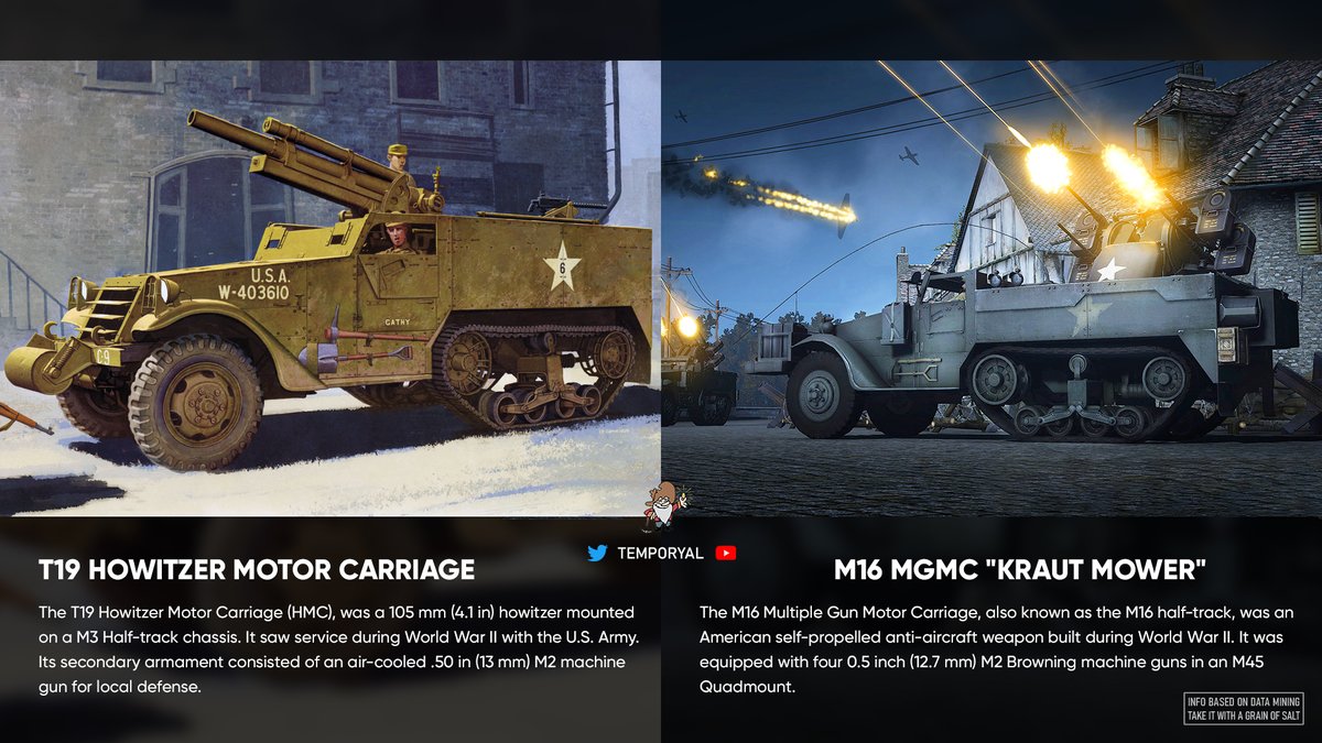 temporyal's tweet photo. Two ancient #BattlefieldV vehicle references from 2018, which I've never appropriately shared:

🔥 T19 Howitzer Motor Carriage: a 105mm howitzer mounted on a M3 Half-track chassis.

⭐️ M16 MGMC: an American AA weapon equipped with 4 M2 Browning machine guns in an M45 Quadmount. https://t.co/AvInn3V0bS
