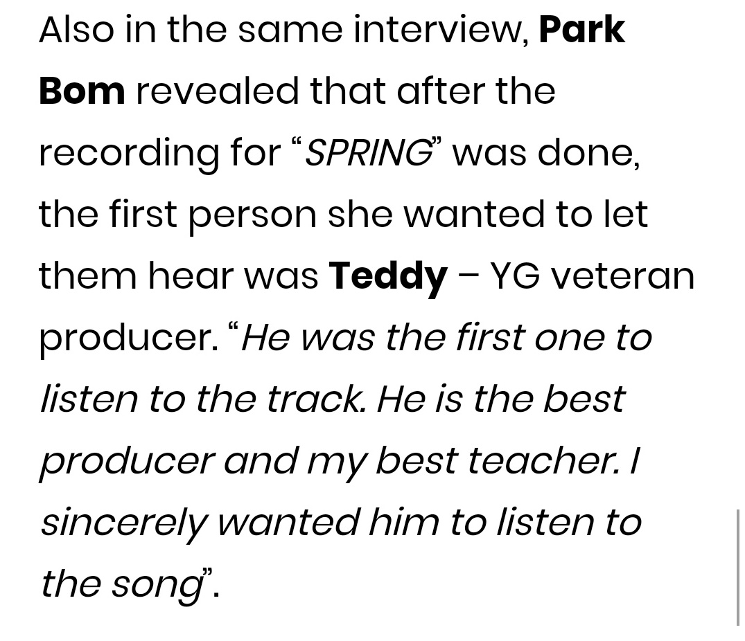 after the recording for "spring" was done, the first person she wanted to let them hear was teddy - "he was the first one to listen to the track. he is the best producer and my best teacher. i sincerely wanted him to listen to the song" #2NE1  @haroobomkum|  #TEDDY