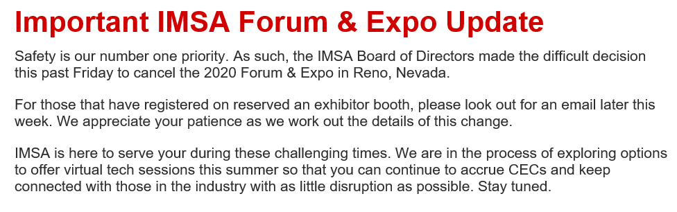 EDItraffic's tweet photo. Eberle Design, Inc. hears unfortunate news thru the IMSA e-Newsletter as they announce the 2020 Forum &amp; Expo in Reno, Nevada was cancelled as of Friday. https://t.co/jkqtDHWNPF