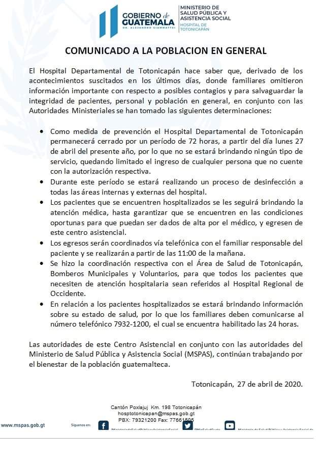 EU_Xela's tweet photo. Por medio de un comunicado el Hospital Departamental de Totonicapán da a conocer que permanecerá cerrado por un período de 72 horas a partir de este lunes 27 de abril.
Via: @ChaclanJimmy 
#EUXela https://t.co/3ZYMymenaF