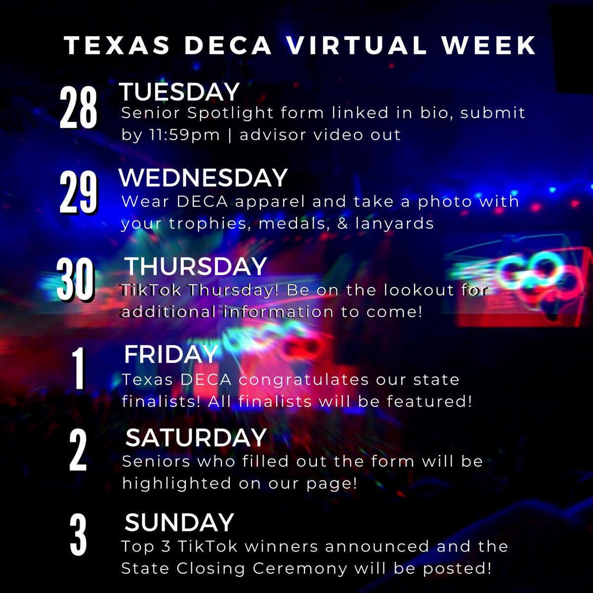 Texas DECA Virtual Week is happening! Be sure to tag us <a href="/TexasDECA/">Texas DECA</a> and use the #txdecavirtual for anything you post! Keep a lookout for any additional information regarding any of the activities for this week.
