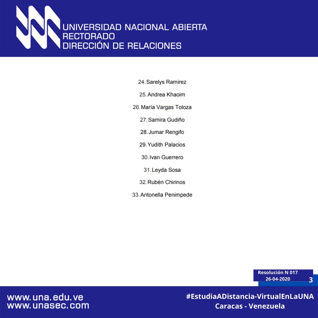 <a href="/UNA_VE/">@UNA_VE</a>
#FelizLunes Resolución Rectoral N°.17, del 26-4-20, drive.google.com/file/d/1Ih3bkv… Apertura III Cohorte de Diplomado en Curriculum"#UniversidadNacionalAbierta #EstudiaOnLineEnLaUNA #Venezuela #EstudianteUNA #mppeuniv #CesarTrompiz #QuedateEnCasa