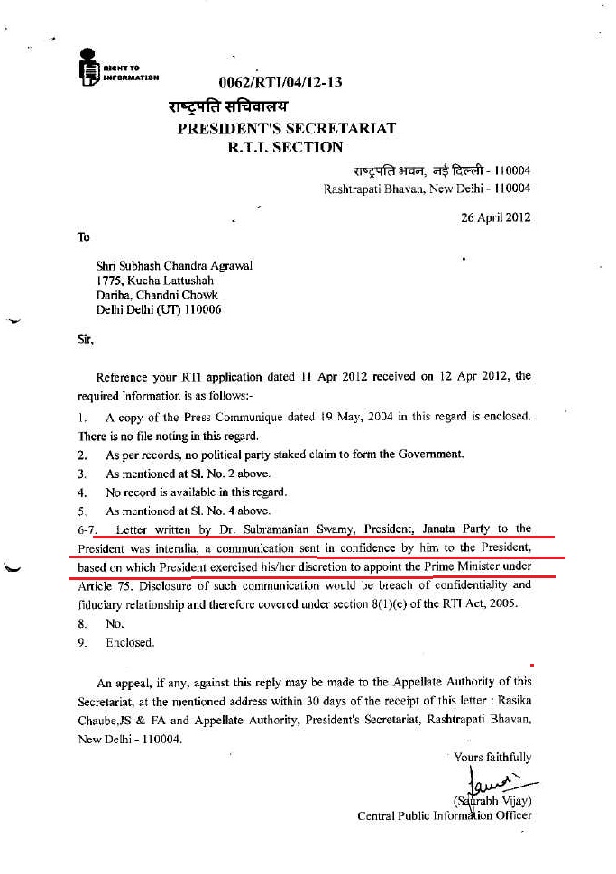 14/n-In an RTI Reply (2012 Congress Rule) it is was accepted that Prez took Action for appointment of PM based on  @Swamy39 Letter. It is a Matter on Record. -When Manmohan became with and OUTSIDE Support of COMMUNISTS- All Power No Responsibility. Something Grave happend...