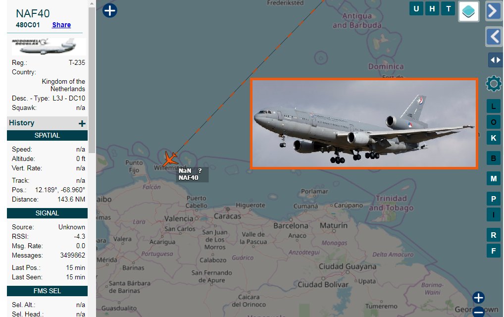 PCazador2021's tweet photo. #LoULtimo 🚨📢 Aeronave Fuerza Aérea Real de los Países Bajos McDonnell-Douglas KDC10 (T-235) #480C01 indicativo #NAF40 arribando a Curacao proveniente Eindhoven (EIN/EHEH) Países Bajos https://t.co/VjrrYPmBD8