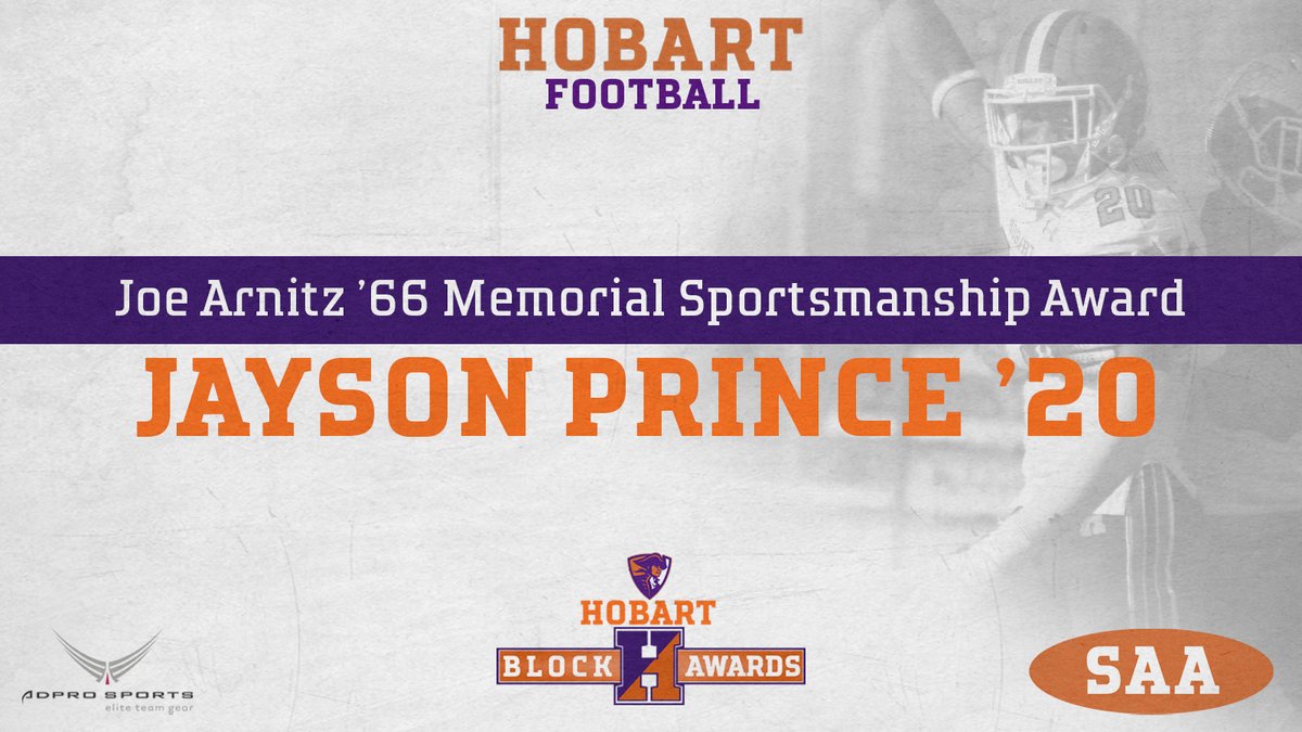 Congratulations to Jayson Prince '20 on receiving the high honor of the Arnitz Award which recognizes proper consideration for fairness, ethics, respect, &amp; a sense of fellowship with one's teammates &amp; competitors. #TheHobartWay