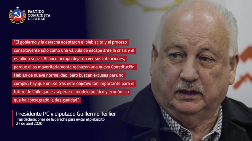 PCdeChile's tweet photo. El Gobierno y la derecha aceptaron la realización del plebiscito para escapar a la crisis social, no porque estuviesen de acuerdo. Ahora, ponen en duda el proceso.

“Hablan de nueva normalidad, pero buscan excusas para no cumplir”, Presidente PC y diputado @gteillier. https://t.co/mYkI1dESyc