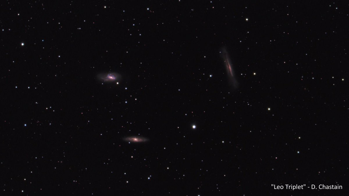 derek_chastain's tweet photo. Here is the “Leo Triplet,” a formation of three galaxies in the constellation Leo. I took this picture on April 21st. The first picture is the original and the second is labeled with the galaxies catalog numbers and their distances from Earth. https://t.co/LPQq8gGmSo