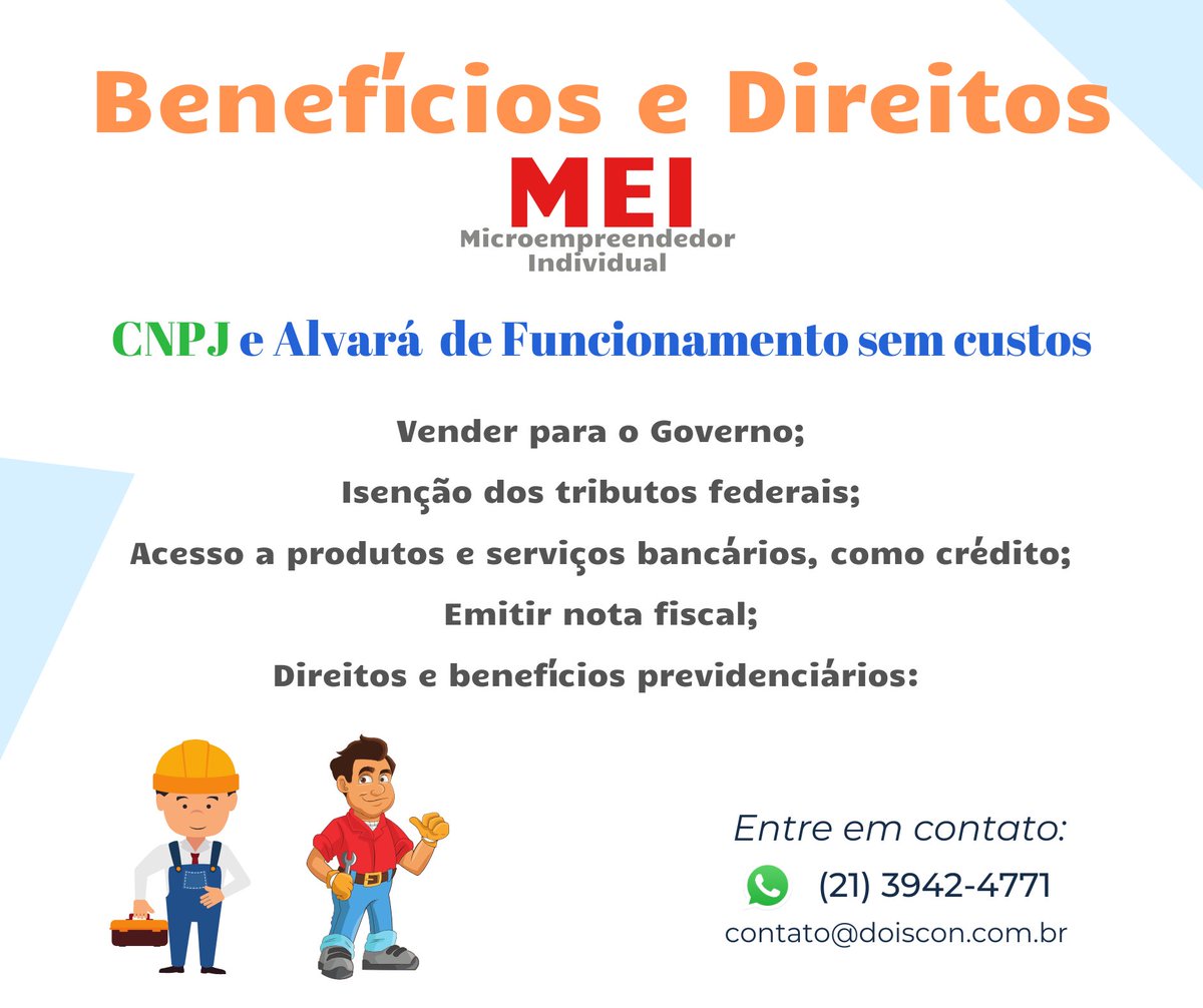 doiiscon's tweet photo. Benefícios e Direitos do Microempreendedor Indivíduo (MEI)

Além do CNPJ e Alvará de Funcionamento... https://t.co/hbwcLd2Fgr