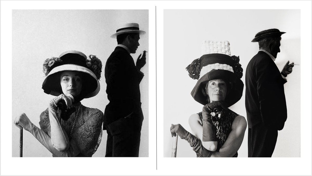 Day 39Portrait of Dorian Leigh wearing an Excellent Hat by Irving Penn, c 1950.Portrait of Liz Nilsson wearing a Wastepaper Basket by Molly O'Cathain, c. 2020. #parentalpandemicportraits