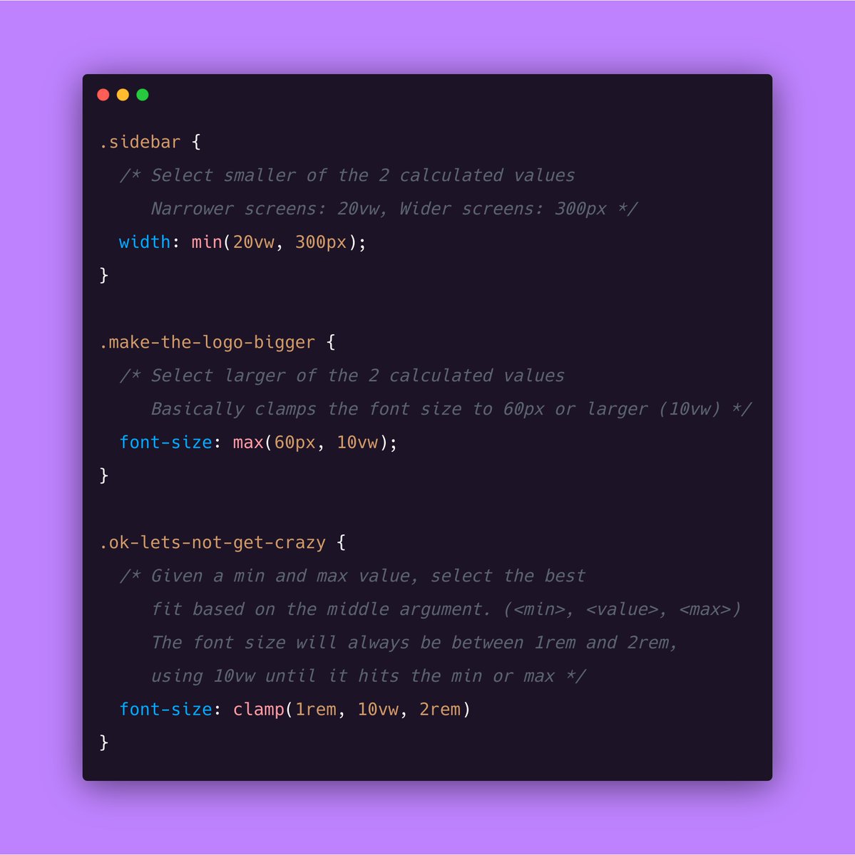 Una's tweet image. 🤔 Did you know: min() max() and clamp() let you inject logic into your CSS! 

🎉 And the support is pretty darn good, too! (All modern browsers have full support w/the Safari tech preview update)

📊 Support: caniuse.com/#feat=css-math…
👩🏻‍💻 Gist: gist.github.com/una/07af675be8…