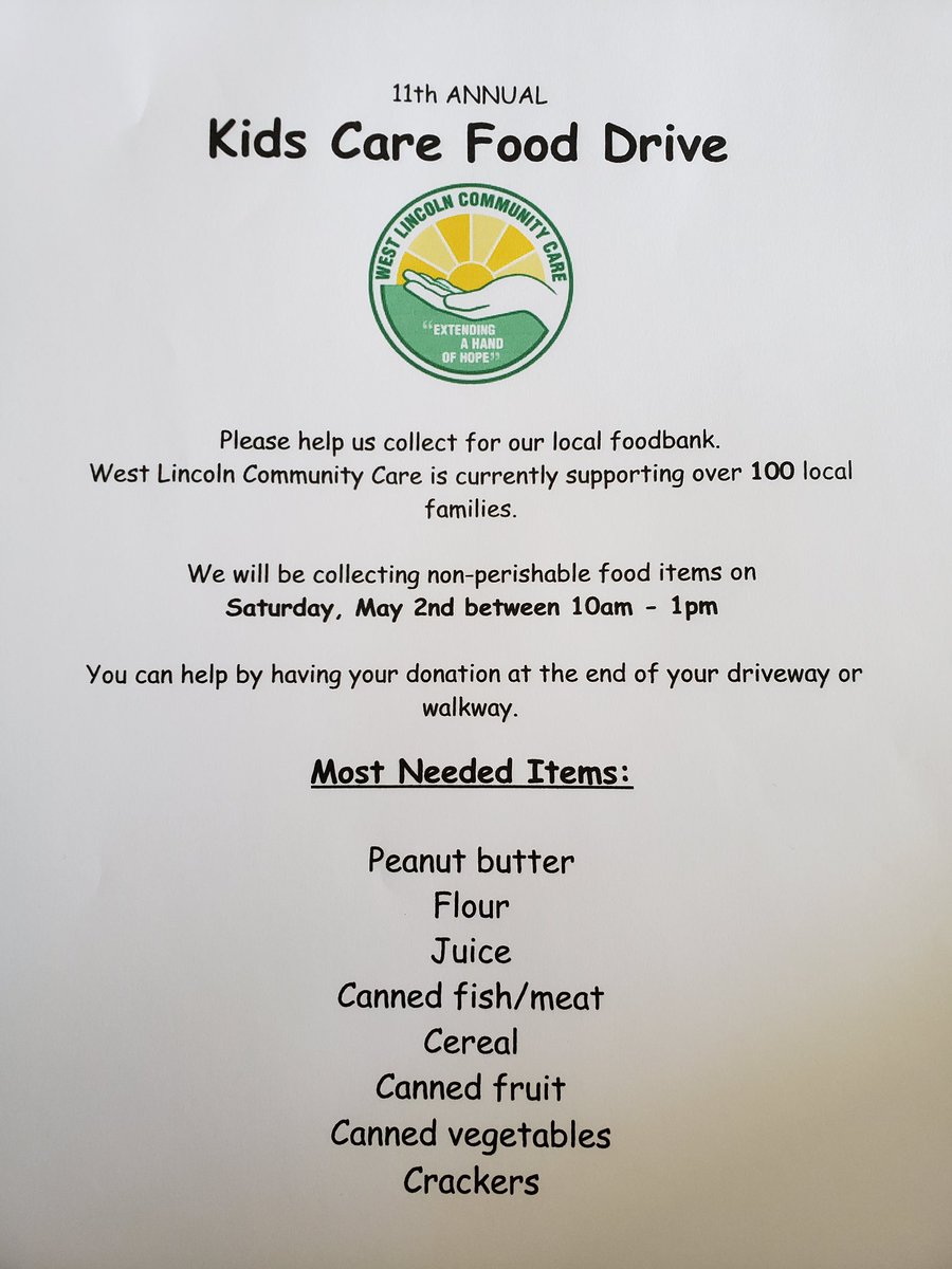 kiwanisofwl's tweet photo. Saturday May 1st is the 11th annual Kids Care Food Drive in Smithville. If you can help please check out the flyer attached. Members of your Kiwanis of West Lincoln will be out helping by picking up your donations. #kiwanis#westlincoln#westlincolncommunitycare#food drive https://t.co/LaPLmGNfU4