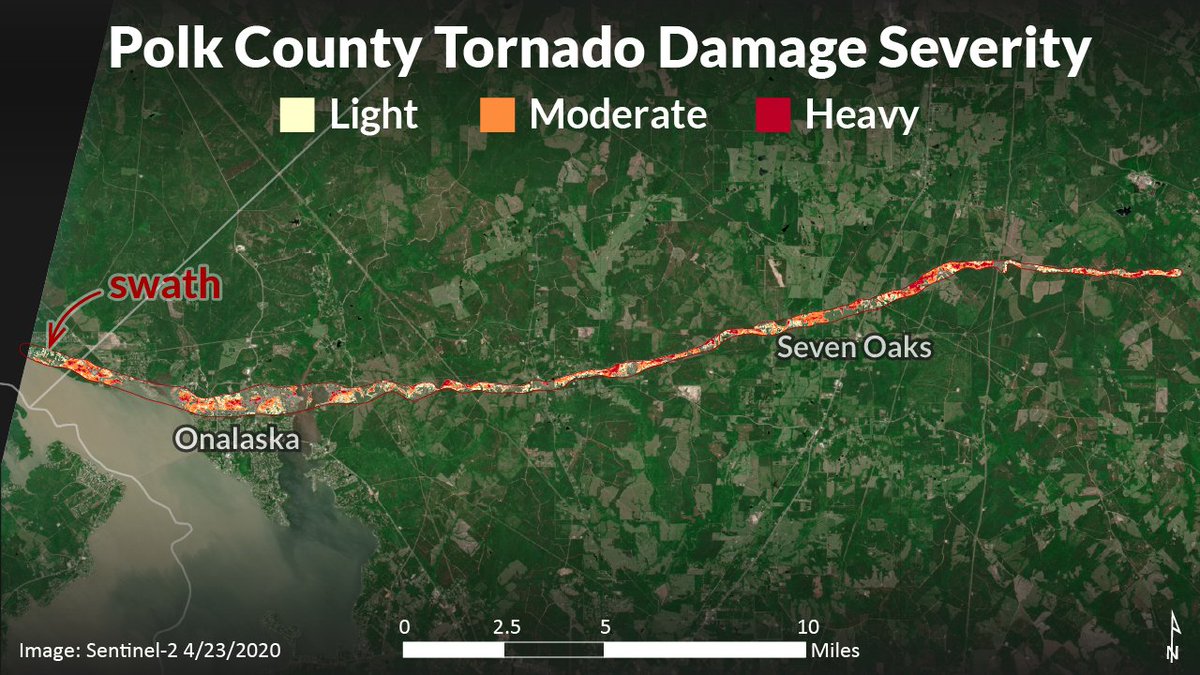 TXForestService's tweet photo. We used #Sentinel2 images from before and after the Polk County tornado to map damage severity. Learn more about the map side of the rapid damage assessment here: https://t.co/kNACaGUB43

 #MonthlyMapMonday #MapMonday #txwx #tornado https://t.co/0PhLsR84kZ