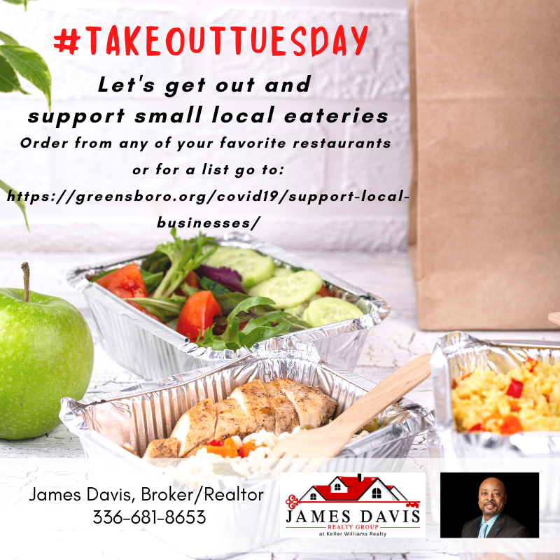 JamesDavisReal's tweet image. Ready for a break from cooking? How about get some takeout tomorrow for #takeouttuesday and support the #dgso area eateries. WIN-WIN!!!

#jamesdavisreal #kwgreensboro #bestagentinthetriad #bestagentingso #greensboronc #triadnc #localtriad #gso #gsonc #localgso