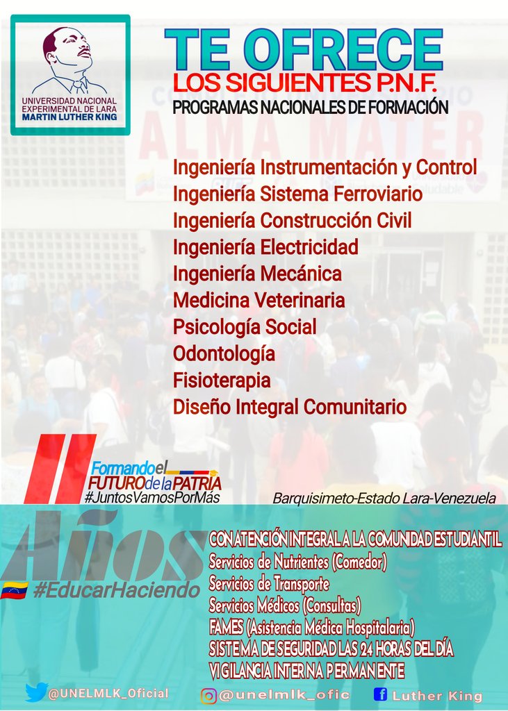 #Atención #Bachiller Tu que estás a pocos días de elegir tu Casa de Estudios ante el Sistema Nacional de Ingreso (SNI), la Universidad Nacional Experimental de Lara Martin Luther King te ofrece los siguientes Programas Nacionales de Formación (PNF)
<a href="/NicolasMaduro/">Nicolás Maduro</a> #PatriaProtegida