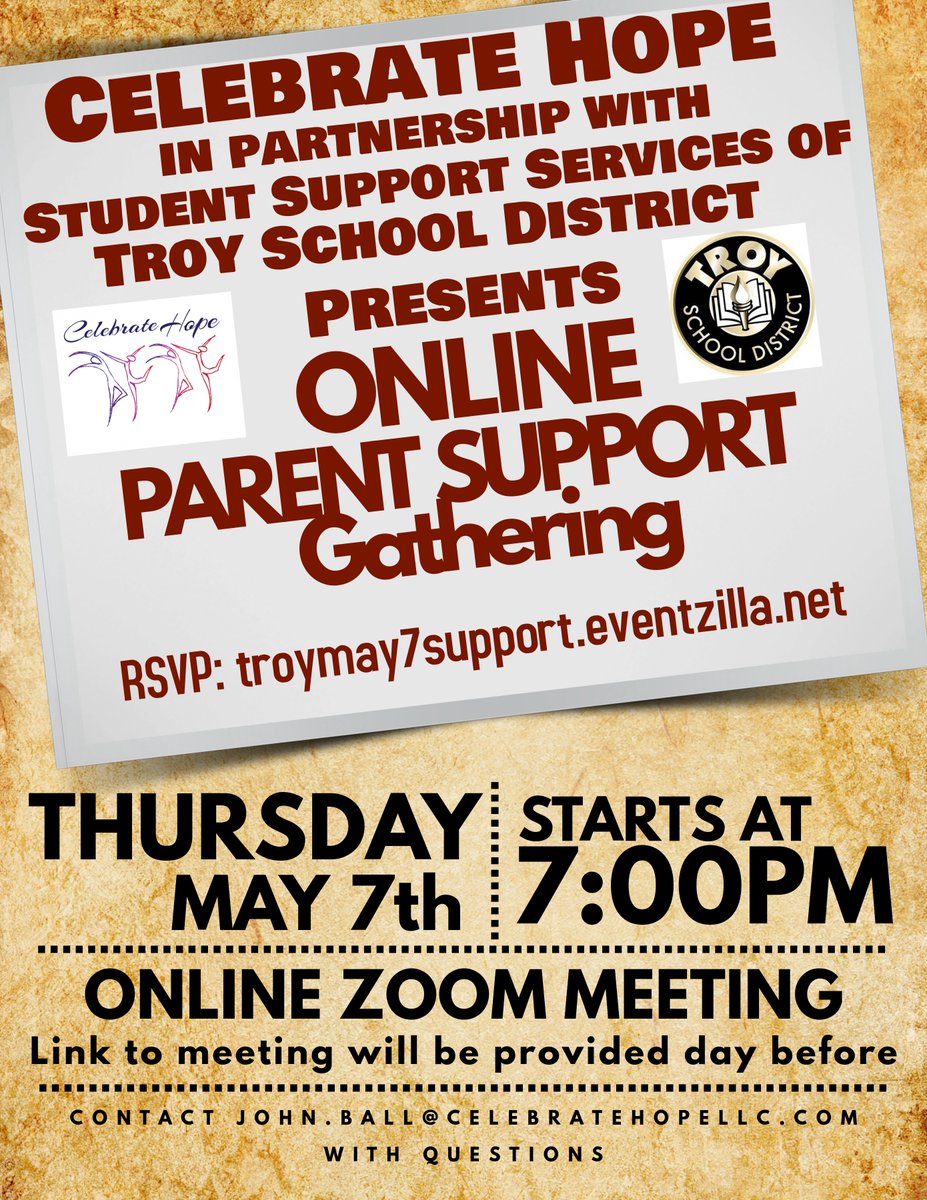 #ONETroy Support Services Parent Advisory Council is hosting an online parent support gathering - Thursday, May 7 - Please consider joining - please RSVP #TroySSPAC
