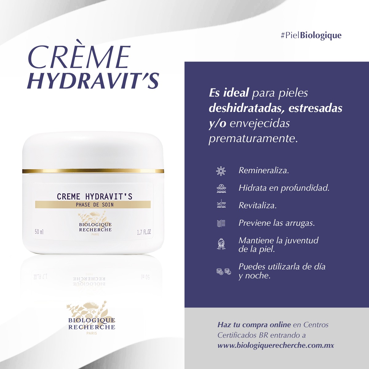 Mantén tu piel joven e hidratada con nuestra Crème Hydravit’s. Aplícala sobre tu escote, cuello y cara, evitando el contorno de los ojos, en la noche y en el día, y siente como su fórmula te revitaliza.