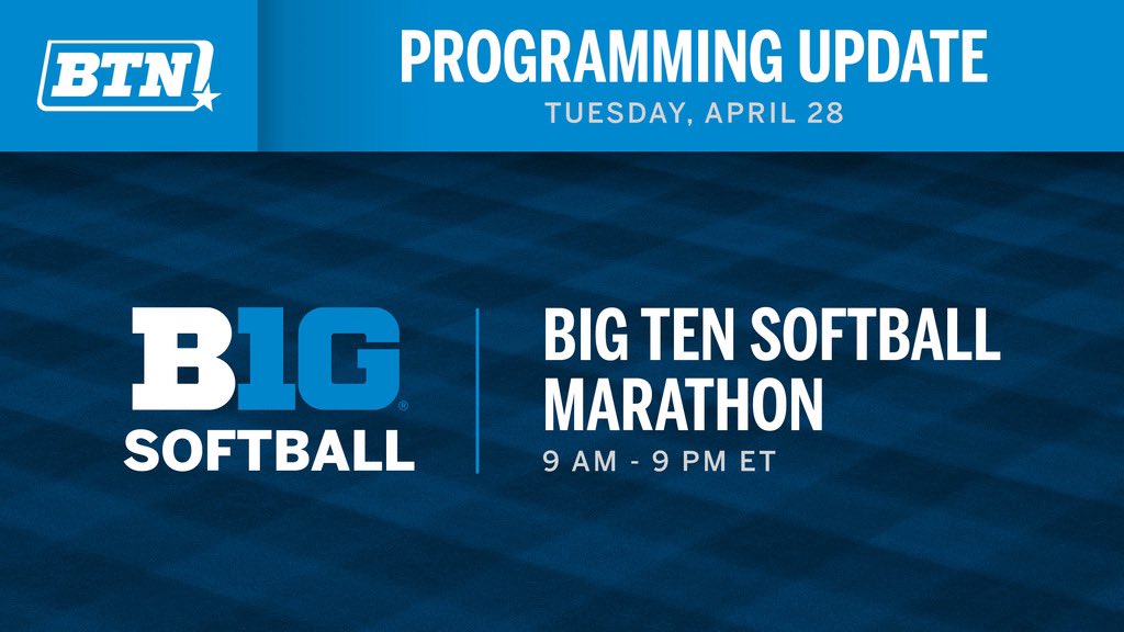 Big Ten Network (@bigtennetwork) on Twitter photo Softball airs ALL DAY Tuesday on BTN. 🥎
Catch <a href="/OhioStateSB/">Ohio State Softball</a>, <a href="/IlliniSB/">Illinois Softball</a>, <a href="/PurdueSoftball/">Purdue Softball</a>, <a href="/umichsoftball/">Michigan Softball</a>, <a href="/NUSBcats/">Northwestern Softball</a>, <a href="/GopherSoftball/">Minnesota Softball</a>, <a href="/BadgerSoftball/">Wisconsin Softball</a> on the schedule at btn.com/shows. 👀 Softball airs ALL DAY Tuesday on BTN. 🥎
Catch <a href="/OhioStateSB/">Ohio State Softball</a>, <a href="/IlliniSB/">Illinois Softball</a>, <a href="/PurdueSoftball/">Purdue Softball</a>, <a href="/umichsoftball/">Michigan Softball</a>, <a href="/NUSBcats/">Northwestern Softball</a>, <a href="/GopherSoftball/">Minnesota Softball</a>, <a href="/BadgerSoftball/">Wisconsin Softball</a> on the schedule at btn.com/shows. đź‘€