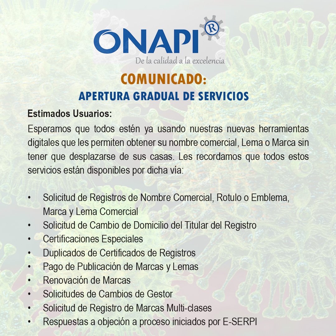 OnapiRD's tweet photo. #Comunicado||📢

Nuevas disposiciones de #AperturaGradual de nuestros #ServiciosONAPI
dentro de la situación de #EmergenciaNacional dispuesta por el ejecutivo para contener la propagación del #COVID19 

#QuedateEnCasa 
#ONAPIesServicio 

(Favor leer las 3 imágenes) https://t.co/CbQGm9Ues0