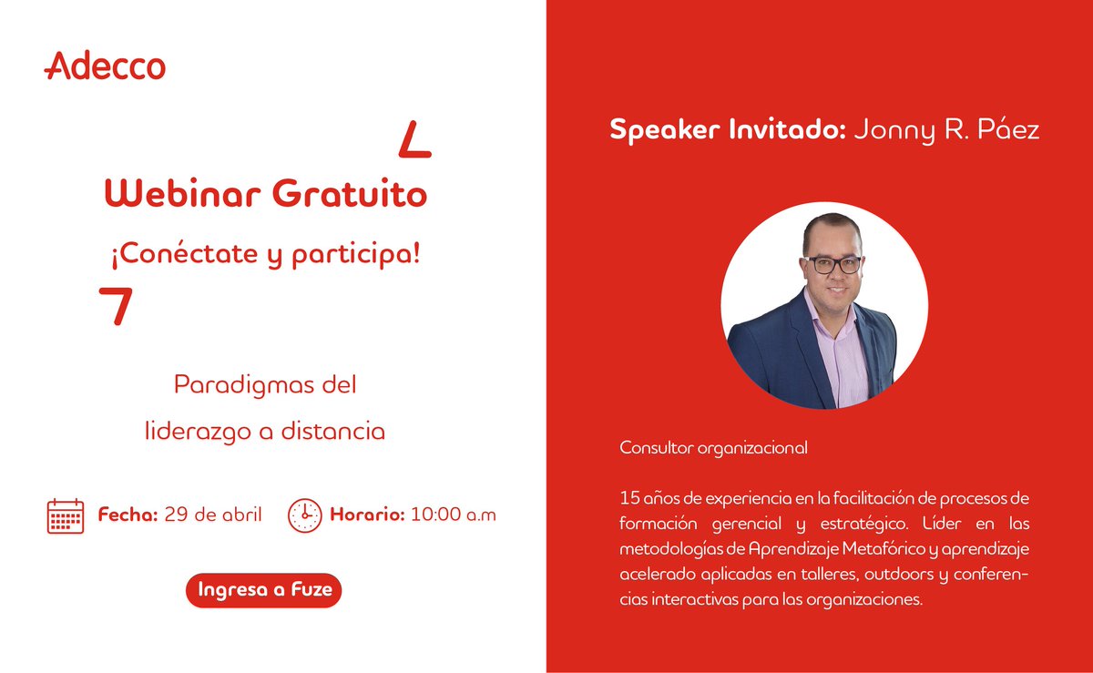 Adecco_Colombia's tweet photo. Seguimos con nuestra serie de Webinars de #AdeccoEnCasa, este miércoles nos enfocaremos en el liderazgo a distancia de equipos de trabajo. Nos acompaña Jonny R. Páez Consultor Senior de #AdeccoTraining. Conéctate este miércoles a través de >> https://t.co/yFNT40kBTR https://t.co/JKiZHLm6nH