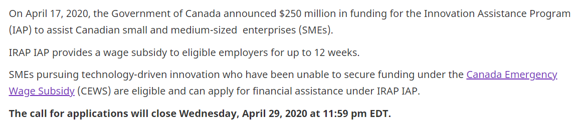 drdrewlu's tweet image. 🇨🇦 If there are any small or med-sized businesses that aren't eligible for #CEWS (Can Emergency Wage Subsidy), there is the NRC IRAP Innovation Assistance Program.

⏰Closes soon at April 29, 2020! 

nrc.canada.ca/en/support-tec…

#COVID19 #coronavirus #Canada #Funding #Entrepreneur
