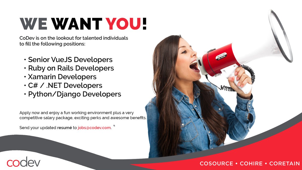 CoDevPhils's tweet photo. #CoDev is hiring for the following positions:

• Senior VueJS Developers
• Ruby on Rails Developers
• Xamarin Developers
• C# / .NET Developers
• Python/Django Developers

Send your resume to jobs@codev.com and take our assessments from the  your home! https://t.co/Ql3t7uOeNW
