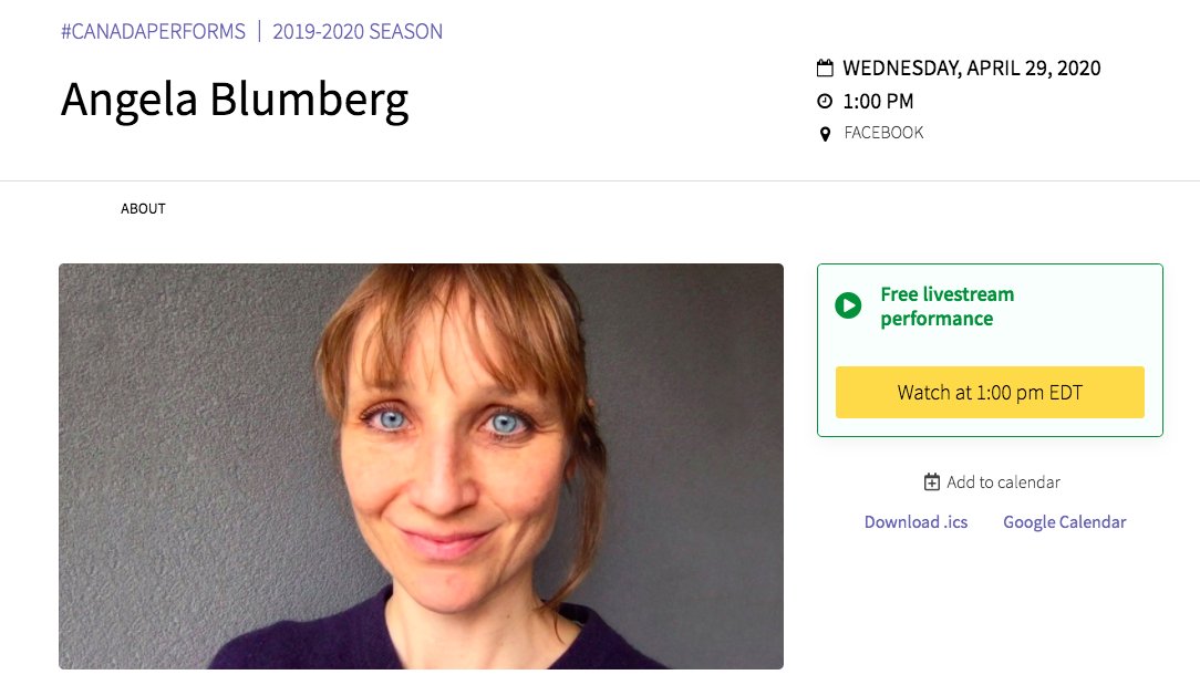 DanceWorksTO's tweet image. #CoWorksTO Artist Angela Blumberg part of #CanadaPerforms Wed, April 29 @ 1:00pm

Angela produced 45minute online performance. Creative transitions will act as metaphor to reflect shifting landscape of COVID-19 crisis &amp;amp; emotional impact on Canadians.

nac-cna.ca/en/event/26334…