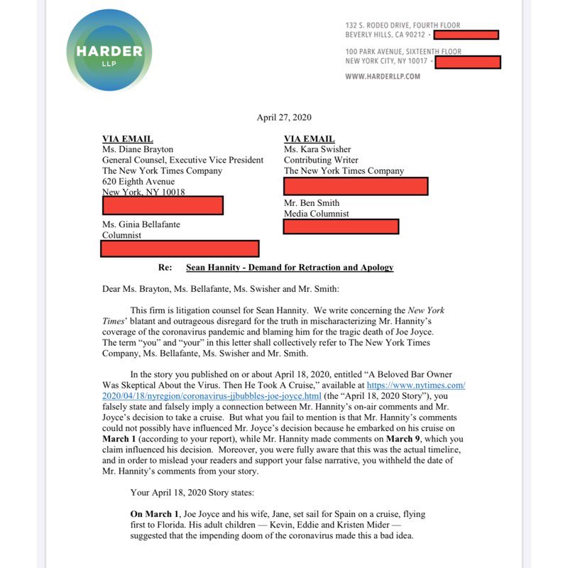 yashar's tweet photo. Sean Hannity has retained Charles Harder, attorney who repped Hulk Hogan in the Peter Thiel funded lawsuit against Gawker

Harder has sent a letter to the NYT, @karaswisher, @benyt, and @GiniaNYT, threatening a lawsuit unless they retract and apologize for their columns https://t.co/qphg9uWFDg