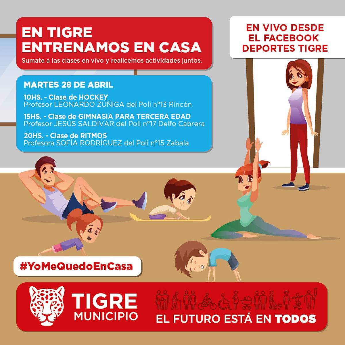 EN TIGRE ENTRENAMOS EN CASA
No te quedes sin tomar las clases en vivo dictadas por los profesores de todos los Polideportivos
Vamos a cuidarnos entre todos quedándonos en casa y continuando con los entrenamientos
#QuedateEnCasa 
#ElFuturoEstáEnTodos 
<a href="/MunicipioTigre/">Municipio de Tigre</a> <a href="/ZamoraJulio/">Julio Zamora</a>