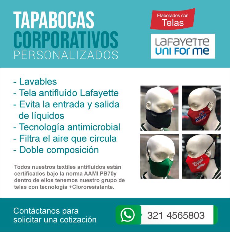 keka_zarate's tweet photo. TapabocasCorporativos personalizados,Todos nuestros textiles antifluídos están certificados bajo la norma AAMI PB70. Para más información o solicitar tu cotización WhatsApp https://t.co/OtaCOxhsXo https://t.co/IEO9iBhXJy