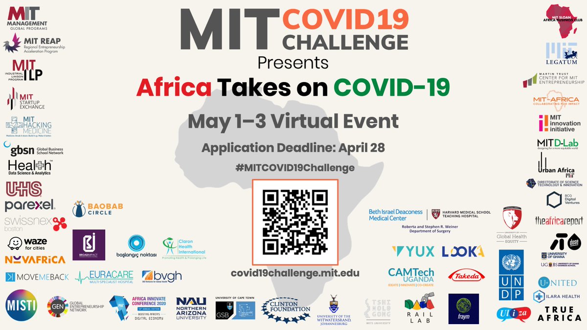 MITvsCOVID19's tweet photo. Applications for the Africa Takes on COVID-19 Event have been extended to tomorrow, April 28, 11:59 PM EST! If you are up for the #mitcovid19challenge sign up here: https://t.co/oeaK73DJtL https://t.co/2J6MQKsBDc