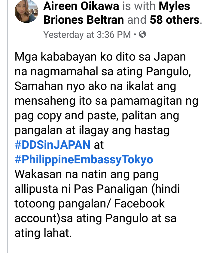 donthebasher's tweet image. This is a post from Mocha Uson and Banat Asswipe By FB page. They are targetting another OFW who is apparently critical of the manyak Duts. Maybe this is how they got that OFW from Taiwan.

Please report Mocha Uson Blog FB page we must stop this kind of harrassment.
