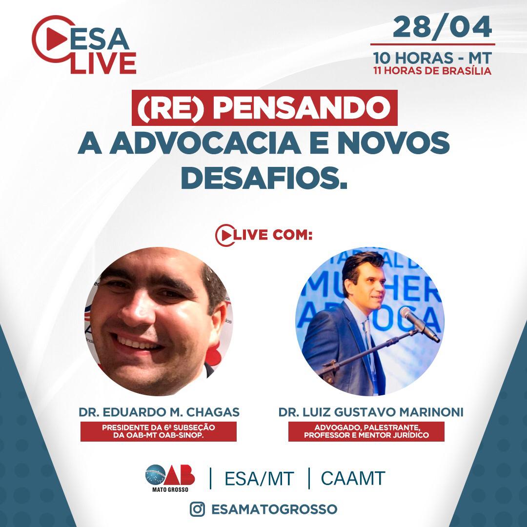 oabmt's tweet photo. #NaoPerca

@gustamarinoni é o convidado da #ESALive desta terça-feira (28) com o presidente da OAB Sinop @eduardomchagas 

Acompanhe pelo Instagram (@esamatogrosso) https://t.co/5ykSl1DAEw