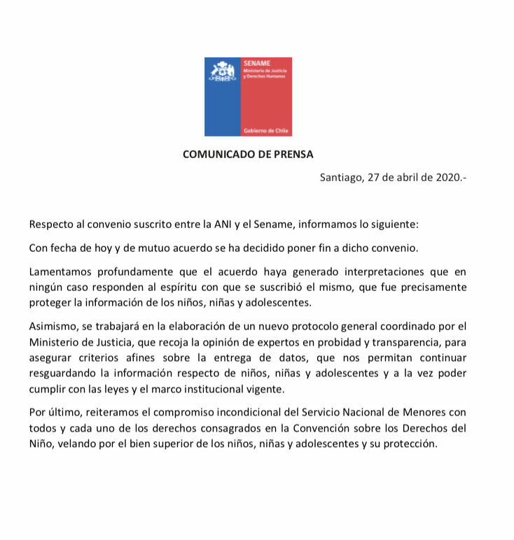Paicabi's tweet photo. Este lunes el gobierno solicitó al Sename dejar si efecto el convenio suscrito entre este organismo y la Agencia Nacional de Inteligencia (ANI). Como parte de @Solidaridad_Red habíamos denunciado la inconveniencia de exponer los datos sensibles de NNA 
👉 https://t.co/IaMKFwemHy https://t.co/BNSvFTRWem