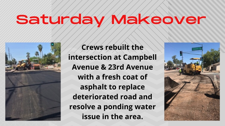 StreetsPHX's tweet photo. Street maintenance workers milled and paved over the intersection of Campbell Ave and 23rd Ave on Saturday in Council District 4. #CantWFHThis #StillWorkingForYou https://t.co/uXIeqY2xrS