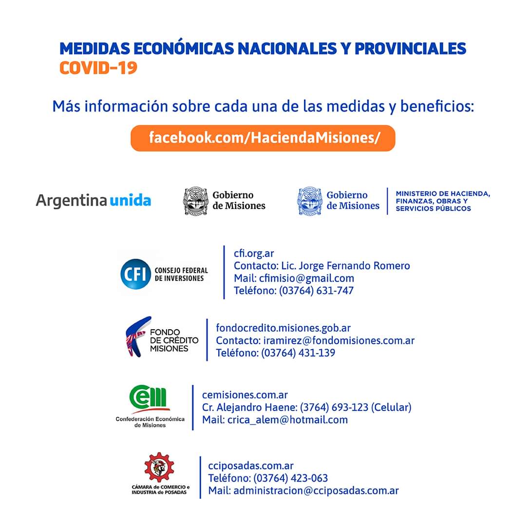 vjkreimer's tweet photo. Informamos medidas económicas tomadas por los gobiernos de la Nación y #Misiones para paliar los efectos de la crisis generada por el aislamiento.
Links y contactos para realizar los trámites o pedir + info en #HaciendaMisiones
 👉 https://t.co/woumyHiaX3 https://t.co/xYYqdoz6MO