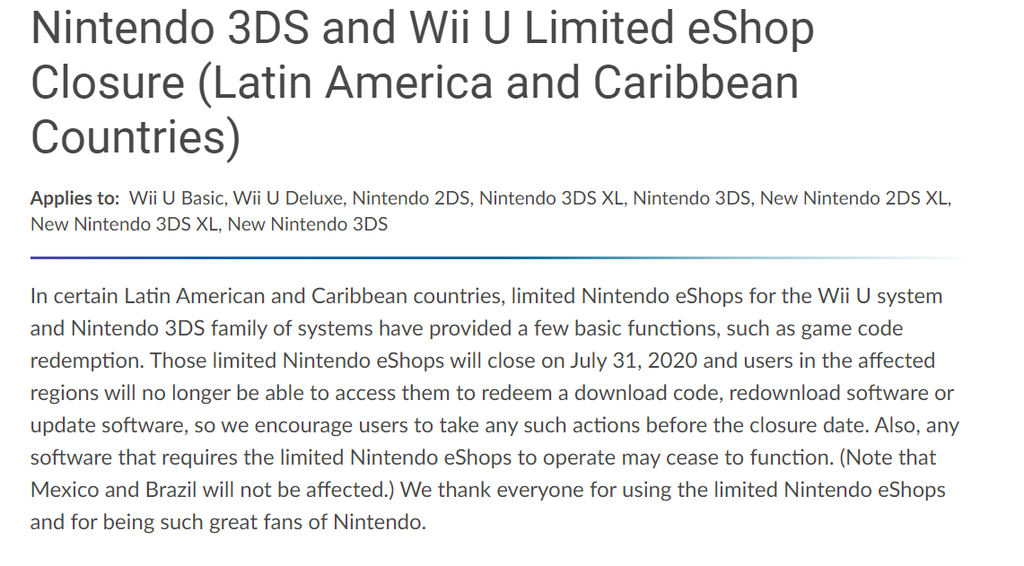 Nintendo Wii U and 3DS eShops Closing in July 2020 in Some Countries