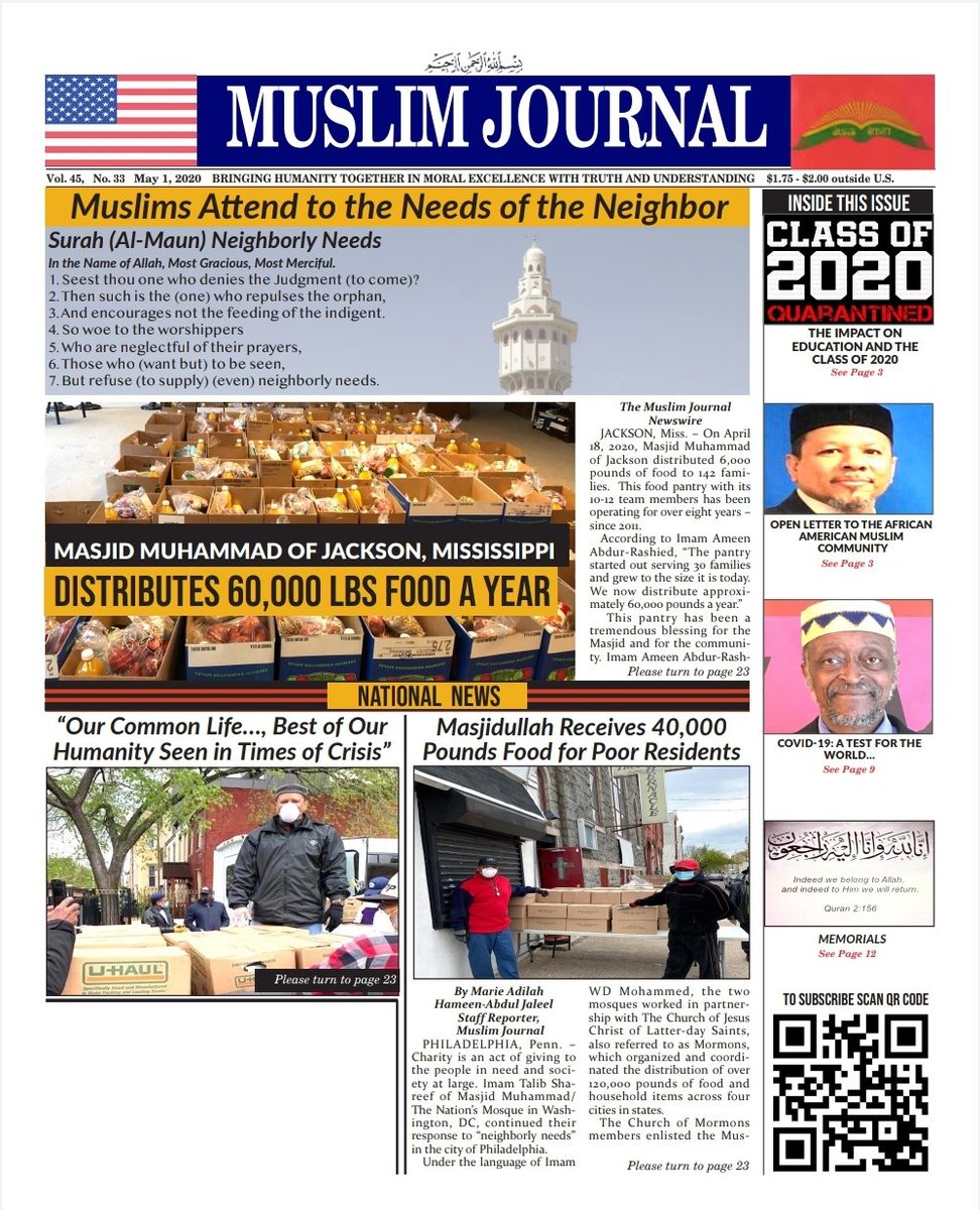 MuslimJournal1's tweet photo. As Salaam Alaikum. Ramadan Mubarak! #muslimjournal Vol 45 No 33 May 1, 2020.  Digital available now/Print Fri May 1 https://t.co/UwN9jNpiZD 
Thank you! 
#MuslimJournalNews #BilalianNews #MuhammadSpeaks #MalcolmX #MuslimNews #AfricanAmericanNews #NNPA #COVID19 #RamadanMubarak https://t.co/ZNG7nYLbOl