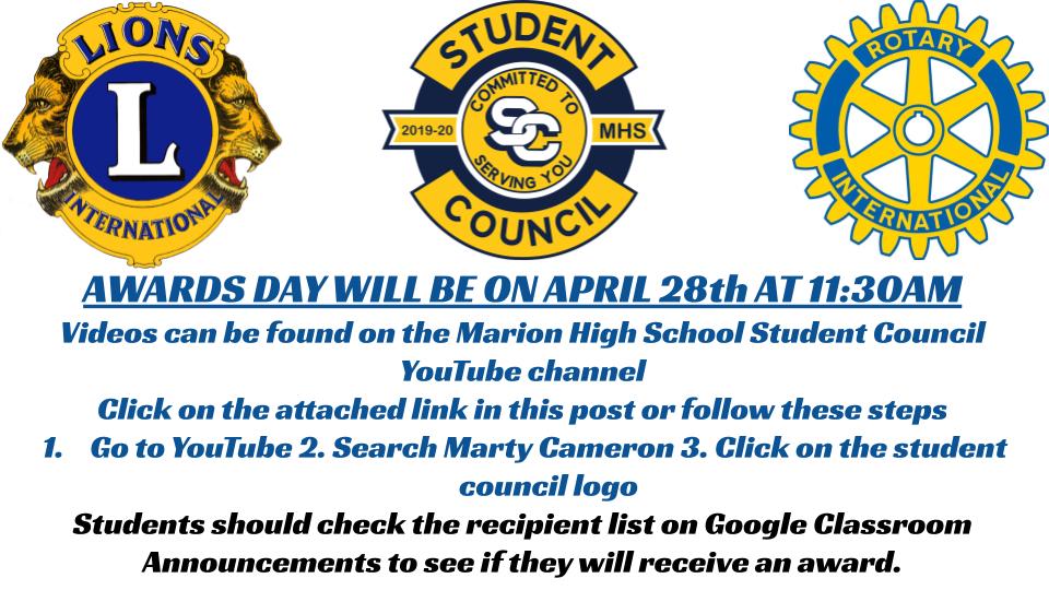 MarionHSStuCo's tweet photo. MHS Awards Program is tomorrow at 11:30

Special thanks to Jordan Turner, Connor Rice, and Kendra Wofford for all of their hard work to make the award videos happen.

MHS Student Council YouTube Link
https://t.co/DHM9DfiAWr https://t.co/1FdkaXXKQ8