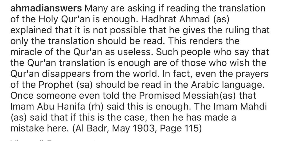 Is reading the translation of the Holy Qur’an enough?Important guidance for many during this blessed monthMay Allah Enable us to spend our time Reciting the Greatest Book sent for mankind ameen https://www.instagram.com/p/B_gMi_wDmIT/?igshid=5pbqpkbztx80 #Islam  #Ahmadiyyat