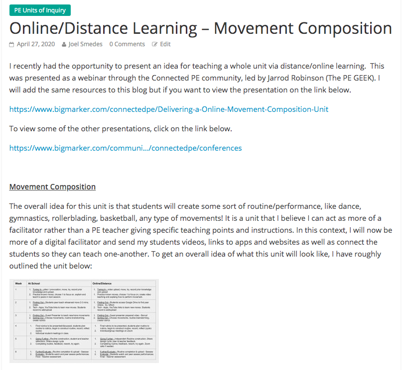 PEswimstuff's tweet image. Online/Distance unit - Movement Composition. Follow up blog from @ConnectedPE webinar with @mrrobbo outlines unit details of whole unit &amp;amp; reflections of week 1. peswimstuff.com/2020/04/27/onl… #HPEatHome #PhysEd #pegeeks #onlinelearning #vislao