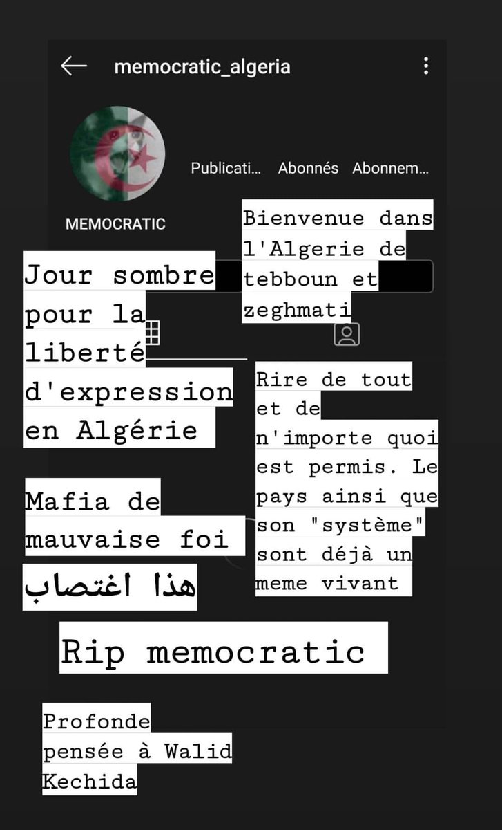saintepro's tweet photo. Bien qu'il n'y a pas grand monde qui s'oppose à idéologie de ce soldat qu'était Memocratic, ce compte a pu lancer une vague de #Memes et d'anti #censure sur Instagram. Il n'y a visiblement plus de #libertédexpression en #Algérie.
De plus à mes profondes pensées à #kechida https://t.co/izUw1NTkky