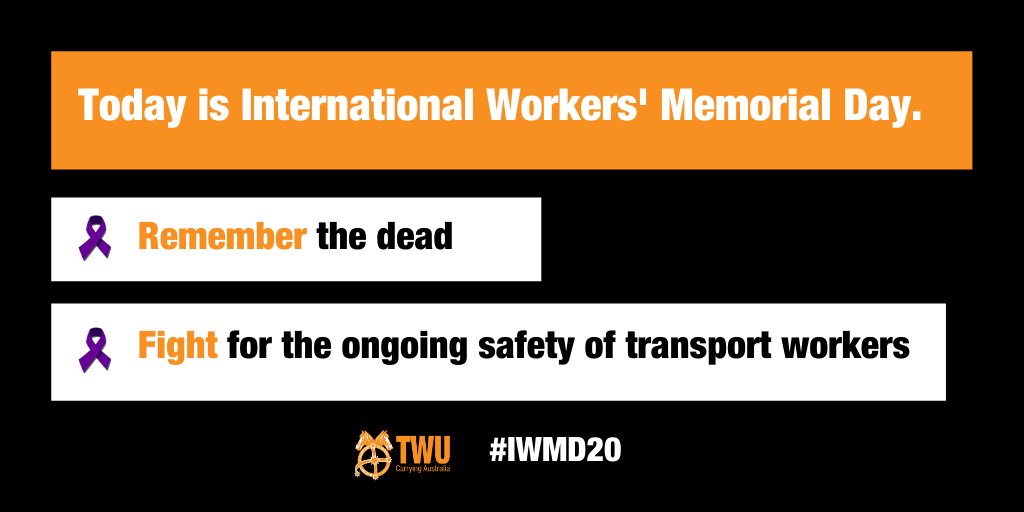 TWUAus's tweet photo. In 2020 so far, 20 transport workers have not come home to their families. 

We're keeping up the fight today: for improved pay and safer conditions for these essential workers in the deadliest industry in Australia. #IWMD20 https://t.co/A6EfsSI8R0